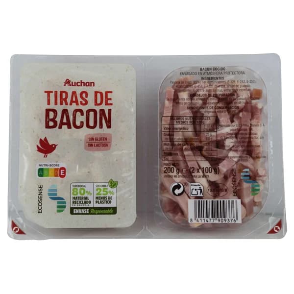 AUCHAN Tiras de bacon cocido elaboradas sin gluten ni lactosa 2 x 100 g. Producto Alcampo - 0.2 kg - Imagen del producto en Findit