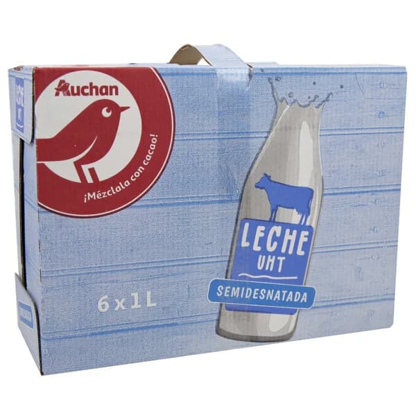AUCHAN Leche semidesnatada de vaca 6 x 1l. Producto Alcampo - 6 l - Imagen del producto en Findit