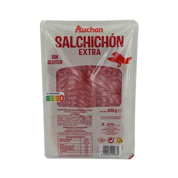 AUCHAN Salchichón extra elaborado sin gluten y cortado en finas lonchas 200 g. Producto Alcampo - 0.2 kg - Imagen del producto en Findit