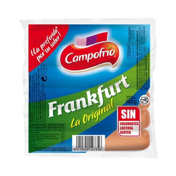 CAMPOFRÍO Salchichas cocidas tipo Frankfurt, de pollo y cerdo y elaboradas sin gluten CAMPOFRÍO 140 g. - 0.14 kg - Imagen del producto en Findit