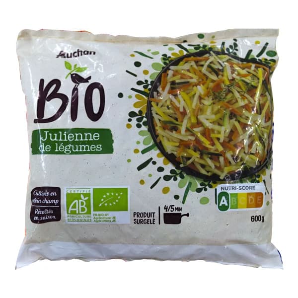 AUCHAN Verduras cortadas en juliana, procedentes de agricultura ecológica 600 g. Producto Alcampo - 0.6 kg - Imagen del producto en Findit
