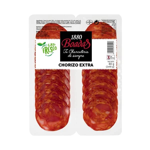 BOADAS Chorizo de categoria extra, sin gluten cortado en lonchas BOADAS 2 x 40 g. - 0.08 kg - Imagen del producto en Findit