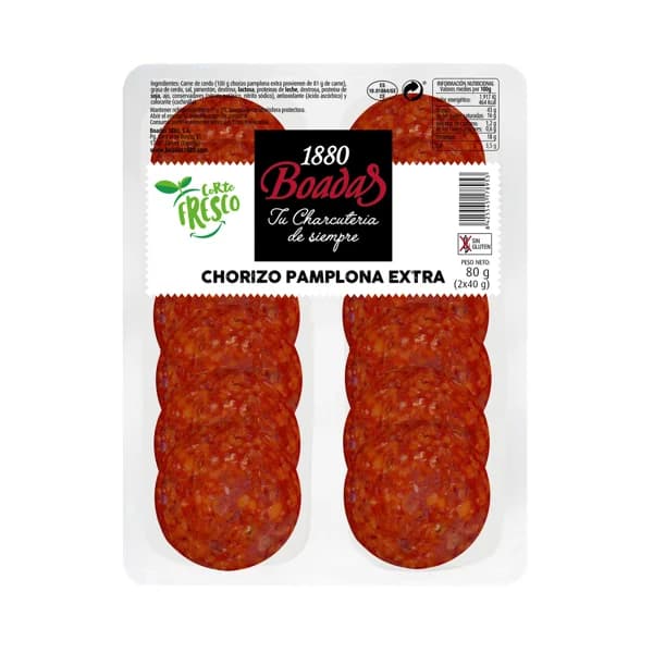 BOADAS Chorizo de Pamplona de categoria extra, sin gluten y cortado en lonchas BOADAS 2 x 40 g. - 0.08 kg - Imagen del producto en Findit