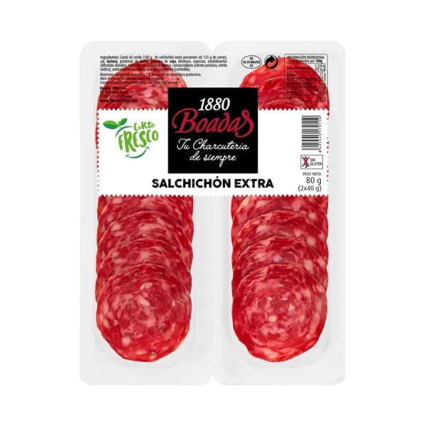 BOADAS Salchichón de categoria extra, sin gluten y cortado en lonchas 2 x 40 g. - 0.08 kg - Imagen del producto en Findit