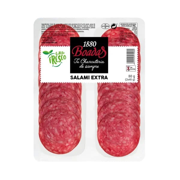 BOADAS Salami de categoria extra, sin gluten y cortado en finas lonchas BOADAS 2 x 40 g. - 0.08 kg - Imagen del producto en Findit