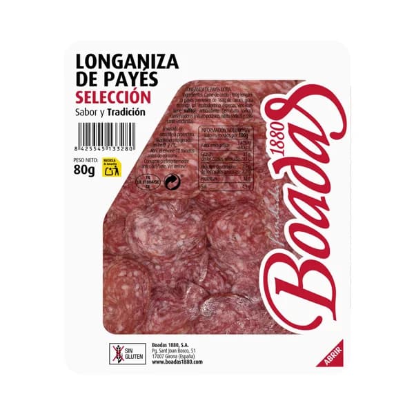 BOADAS Longaniza de payés, elaborada sin gluten y cortada en finas lonchas BOADAS Selección 80 g. - 0.08 kg - Imagen del producto en Findit