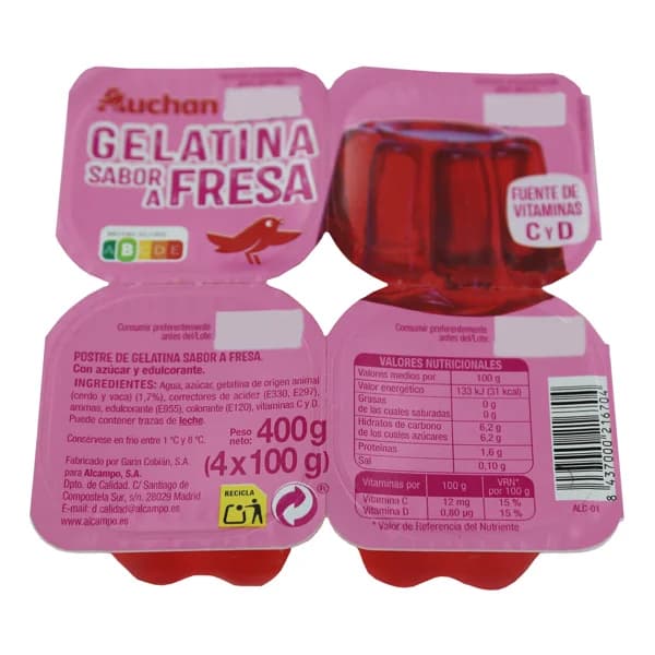 AUCHAN Gelatina con sabor a fresa 4 x 100 g. Producto Alcampo - 0.4 kg - Imagen del producto en Findit