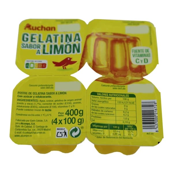 AUCHAN Gelatina con sabor a limón 4 x 100 g. Producto Alcampo - 0.4 kg - Imagen del producto en Findit