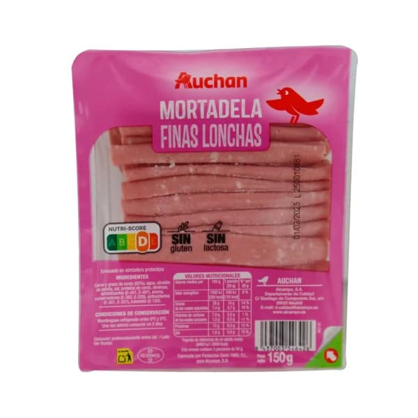 AUCHAN Mortadela sin gluten y sin lactosa, cortada en finas lonchas 150 g. Producto Alcampo - 0.15 kg - Imagen del producto en Findit