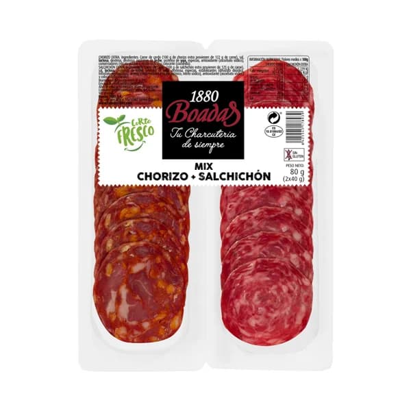 BOADAS Pack de chorizo y salchichón de categoria extra, sin gluten y cortados en lonchas BOADAS 2 x 40 g. - 0.08 kg - Imagen del producto en Findit