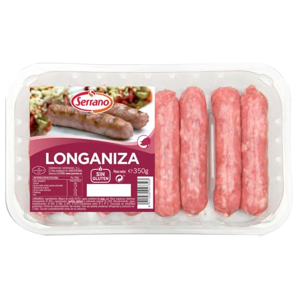 Bandeja de longanizas frescas blancas, elaboradas sin gluten SERRANO 350 g. - 0.35 kg - Imagen del producto en Findit
