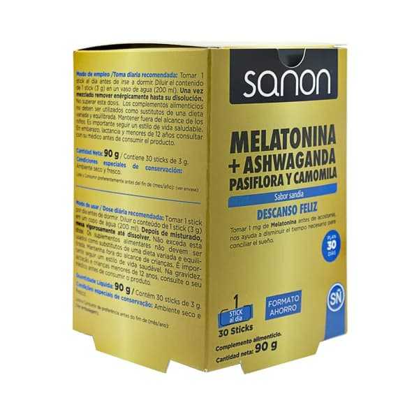 SANON Descanso feliz Complemento alimenticio a base de Melatonina, Ashwaganda, Pasiflora y Camomila, con sabor sandía 30 stcks. - 1 ud - Imagen del producto en Findit
