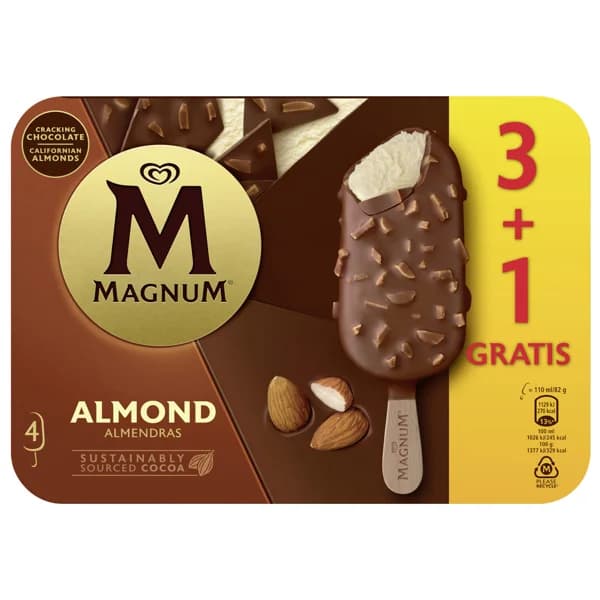 MAGNUM Helado de vainilla recubierto de chocolate con leche y almendras 4 x 110 ml. - 0.44 l - Imagen del producto en Findit