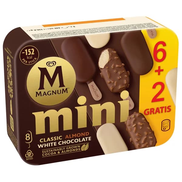 MAGNUM de frigo mini bombones almendradros, de chocolate, chocolate con leche y chocolate blanco 8 x 55 ml. - 0.44 l - Imagen del producto en Findit
