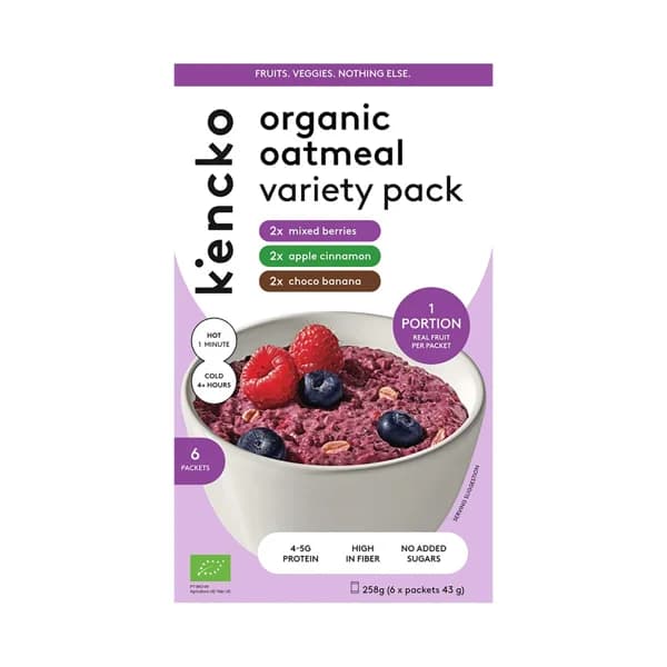 KENCKO Copos de avena ecológicos instantáneos con chocolate (2), frutos rojos (2) y mazana y canela (2) 6 x 43 g. - 0.26 kg - Imagen del producto en Findit