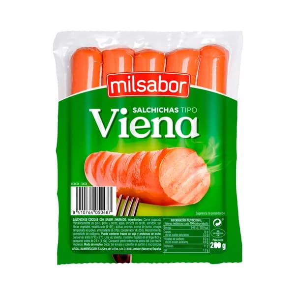 MILSABOR Salchichas cocidas mixtas (pavo, pollo y cerdo) con sabor ahumado, tipo Viena 200 g. - 0.2 kg - Imagen del producto en Findit