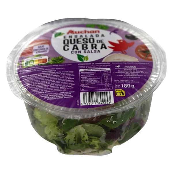 AUCHAN Ensalada queso de cabra con vinagreta, tomate, picatostes y aceitunas negras 180 g. Producto Alcampo - 0.18 kg - Imagen del producto en Findit
