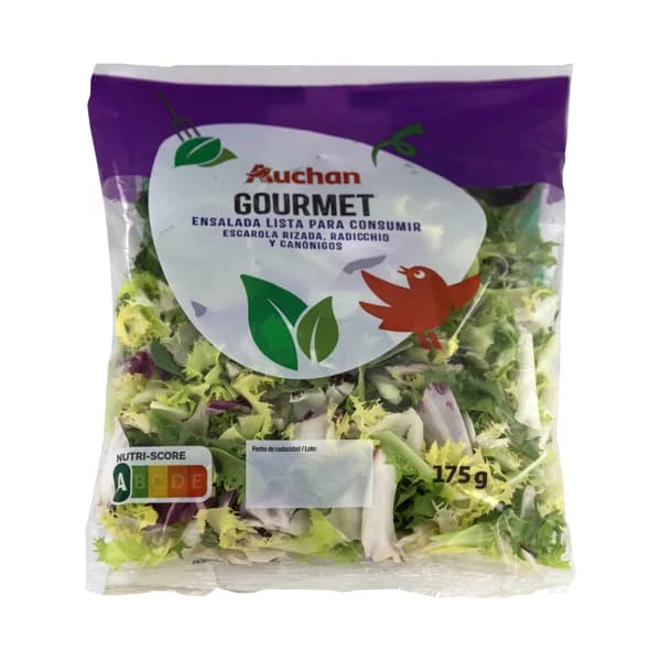 AUCHAN Ensalada gourmet (escarola rizada, radicchio y canónigos) bolsa 175 g. Producto Alcampo - 0.18 kg - Imagen del producto en Findit