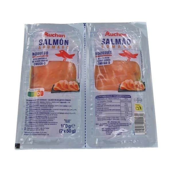 AUCHAN Salmón ahumado noruego pack 2 de 50 g. Producto Alcampo - 0.1 kg - Imagen del producto en Findit
