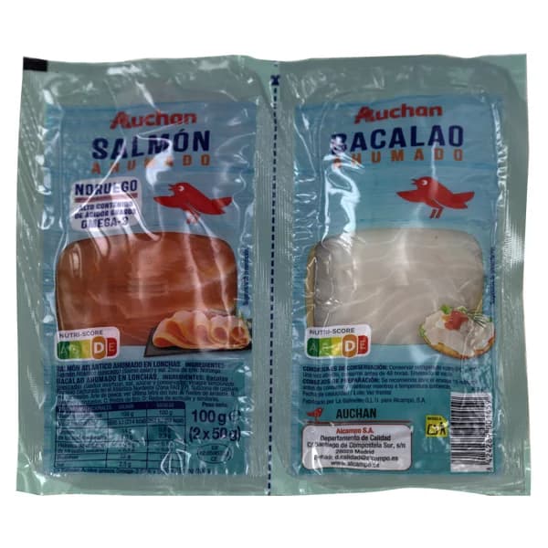 AUCHAN Salmón noruego y bacalao ahumado 2 x 50 g. Producto Alcampo - 0.1 kg - Imagen del producto en Findit