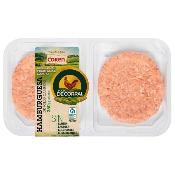 Bandeja de hamburguesas de pollo de corral COREN 2 x 125 g. - 0.25 kg - Imagen del producto en Findit