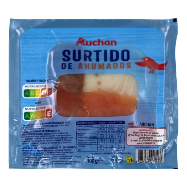 AUCHAN Surtido de ahumados (salmón, bacalao y atún de aleta amarilla ahumados) 100 g. Producto Alcampo - 0.1 kg - Imagen del producto en Findit