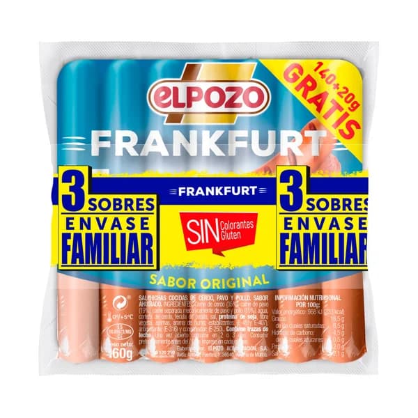 EL POZO Salchichas cocidas tipo Frankfurt de cerdo, pavo y pollo sabor ahumado 3 x 160 g. - 0.48 kg - Imagen del producto en Findit