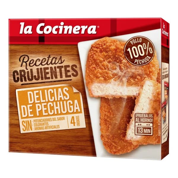 LA COCINERA Pechugas de pollo empanadas, prefritas y ultracongeladas Recetas crujientes 330 g. - 0.33 kg - Imagen del producto en Findit