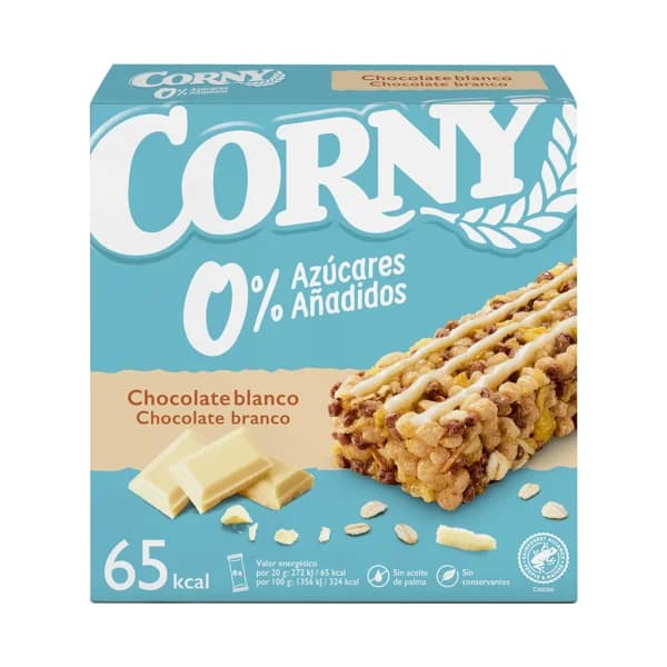 CORNY Barritas de cereales 0 % azúcares añadidos con chocolate blanco 6 uds. x 20 g. - 0.12 kg - Imagen del producto en Findit