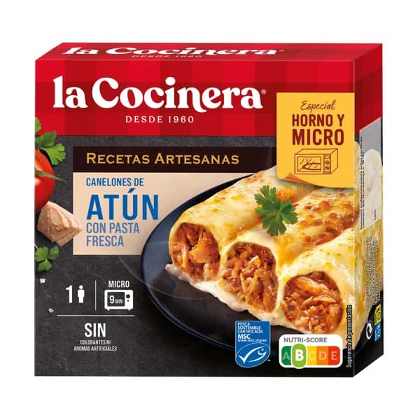 LA COCINERA Recetas artesanas Canelones de pasta fresca, rellenos de atún, especiales para horno y microondas 280 g. - 0.28 kg - Imagen del producto en Findit