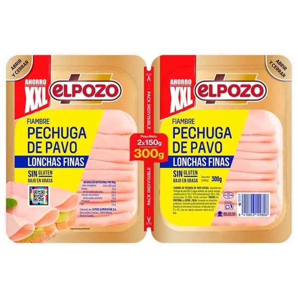 EL POZO Fiambre de pechuga de pavo cocida, cortada en lonchas finas 2 x 150 g. - 0.3 kg - Imagen del producto en Findit
