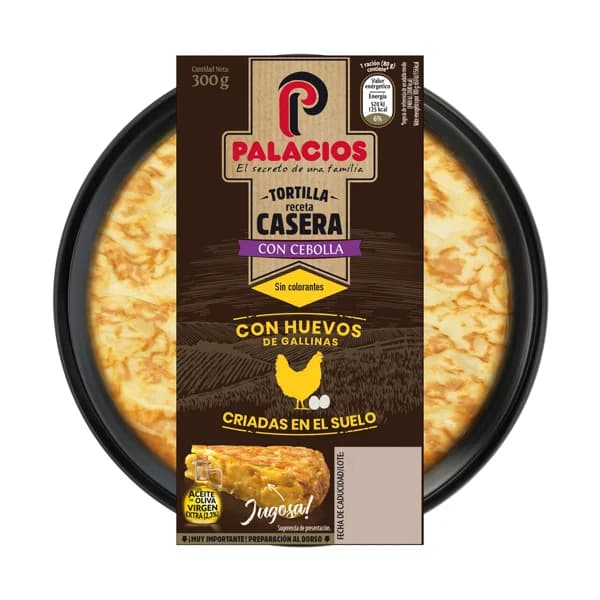 Tortilla fresca receta casera, con cebolla y aceite de oliva virgen extra PALACIOS 300 g. - 0.3 kg - Imagen del producto en Findit