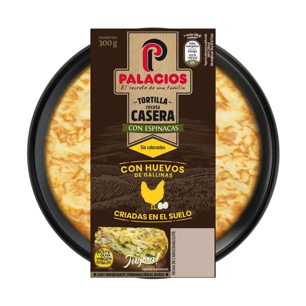 Tortilla fresca receta casera con espinacas y aceite de oliva virgen extra PALACIOS 300 g. - 0.3 kg - Imagen del producto en Findit