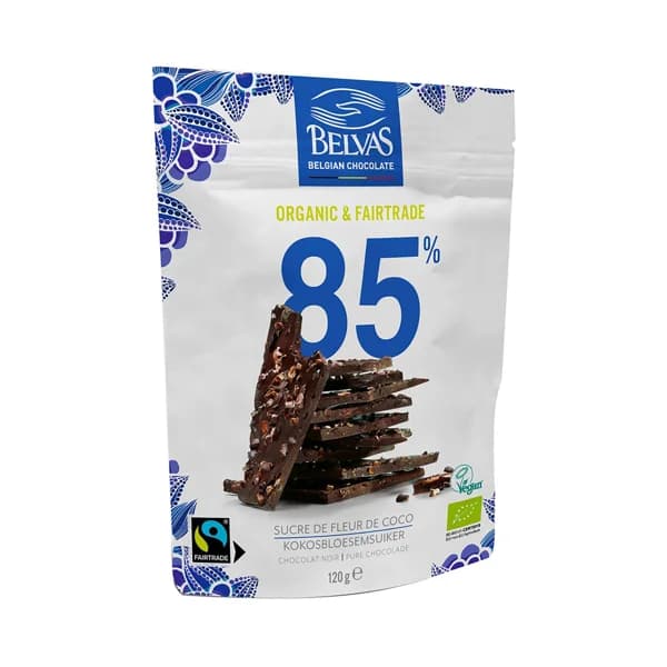 BELVAS Chocolate negro (85%) ecológico, con azúcar de flor de coco 120 g. - 0.12 kg - Imagen del producto en Findit