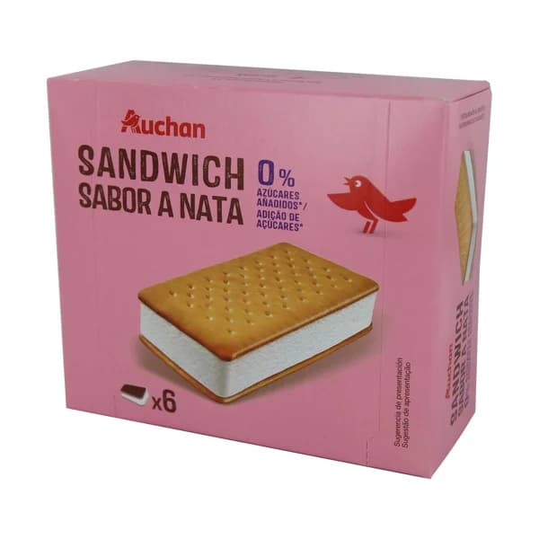 AUCHAN Sandwich relleno de helado de nata, sin azucares añadidos 6 X 100 ml. Producto Alcampo - 0.6 l - Imagen del producto en Findit