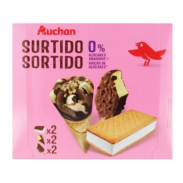 AUCHAN Caja con 3 tipos de helados diferentes, todos ellos sin azucares añadidos 6 uds. Producto Alcampo - 0.66 l - Imagen del producto en Findit
