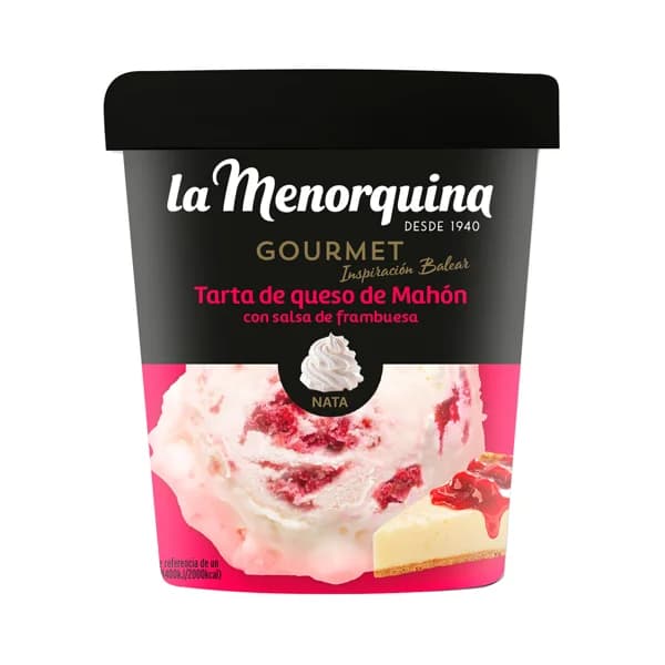 LA MENORQUINA Gourmet inspiración balear Tarrina de helado de nata y tarta queso Mahón, con salsa de frambuesa 450 ml. - 0.45 l - Imagen del producto en Findit