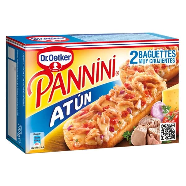 DR. OETKER Pannini crujiente con topping de tomate y cubierto por Edam, atún. tomate y cebolla 2 x 125 g. - 0.25 kg - Imagen del producto en Findit