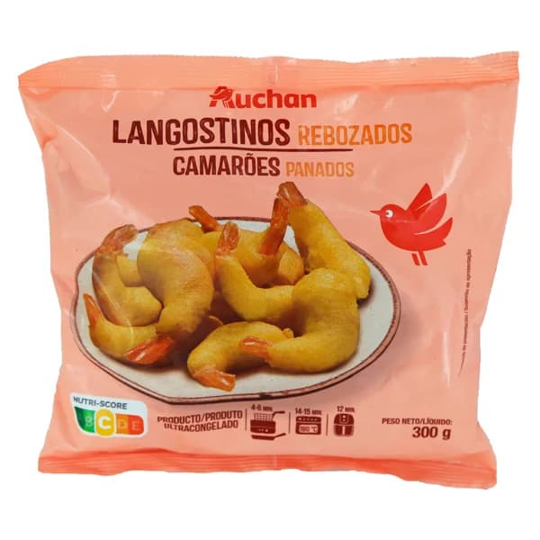 AUCHAN Langostinos con colita recubiertos de un esponjoso y crujiente rebozado 300 g. Producto Alcampo - 0.3 kg - Imagen del producto en Findit