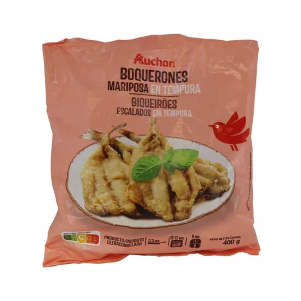 AUCHAN Boquerones abiertos en mariposa limpios y sin espinas recubiertos de una fina capa de tempura muy crujiente 400 g. Producto Alcampo - 0.4 kg - Imagen del producto en Findit