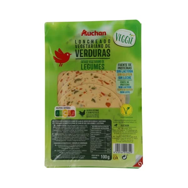 AUCHAN Loncheado vegetariano a base de clara de huevo con verduras y aceitunas Veggie 100 g. Producto Alcampo - 0.1 kg - Imagen del producto en Findit