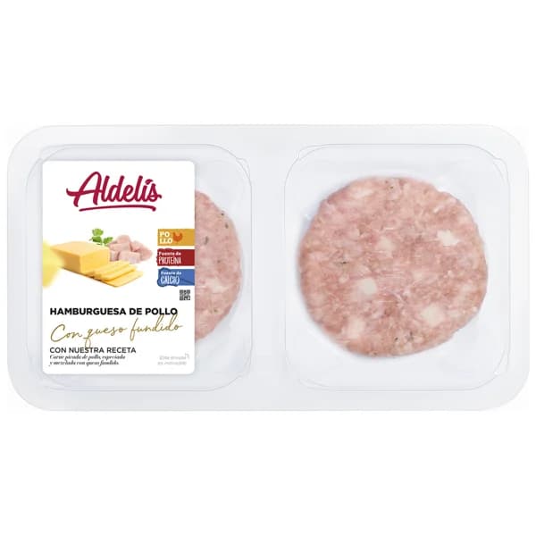 Bandeja de hamburguesas de pollo con trocitos de queso fundido ALDELÍS 4 x 80 g. - 0.32 kg - Imagen del producto en Findit