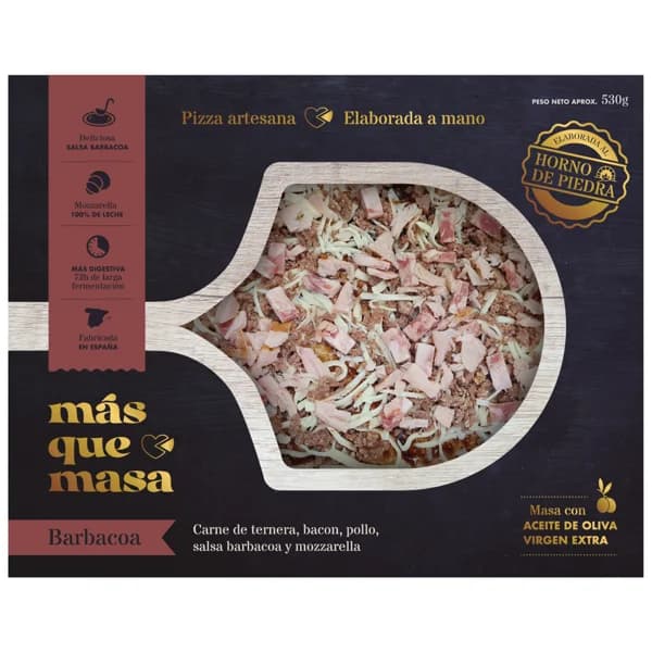 MAS QUE MASA Pizza artesana de ternera, bacon, pollo, salsa barbacoa y mozzarella MAS QUE MASA 450 g. - 0.45 kg - Imagen del producto en Findit