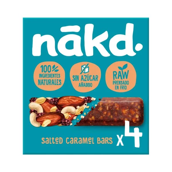 NÁKD Barritas de fruta y frutos secos con caramelo salado, ingredientes 100 % naturales y sin azúcares añadidos NÁKD 4 uds. 140 g. - 0.14 kg - Imagen del producto en Findit