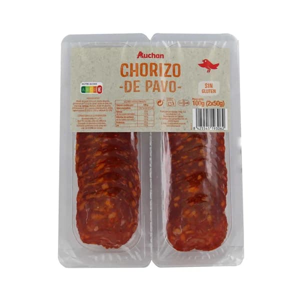 AUCHAN Chorizo de pavo cortado en lonchas 100 g. Producto Alcampo - 0.1 kg - Imagen del producto en Findit