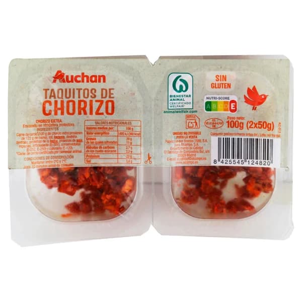 AUCHAN Chorizo cortado en taquitos, elaborado sin gluten 2 x 50 g. Producto Alcampo - 0.1 kg - Imagen del producto en Findit