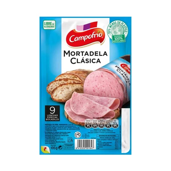 CAMPOFRÍO Mortadela clásica elaborada sin gluten y cortada en lonchas especiales para bocadillo CAMPOFRÍO 105 g. - 0.1 kg - Imagen del producto en Findit