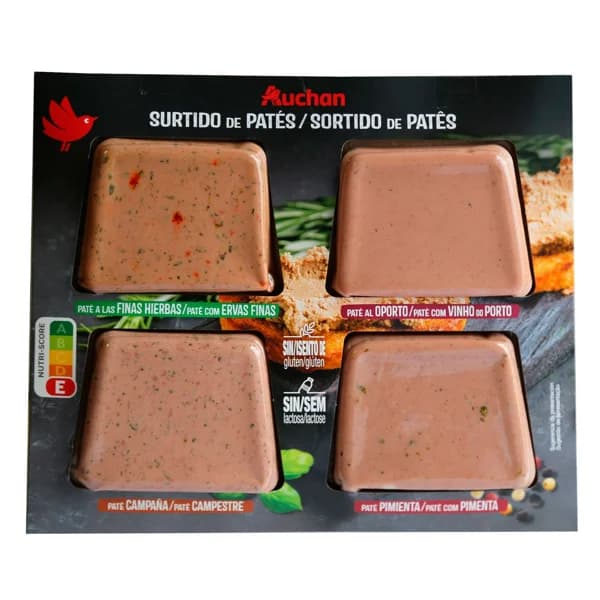 AUCHAN Tabla de patés (pimienta, finas hierbas, al Oporto y de campaña 4 x 75 g. Producto Alcampo - 0.3 kg - Imagen del producto en Findit