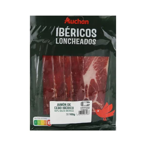 AUCHAN Jamón de cebo ibérico (50% raza ibérica), cortado en lonchas 100 g. Producto Alcampo - 0.1 kg - Imagen del producto en Findit