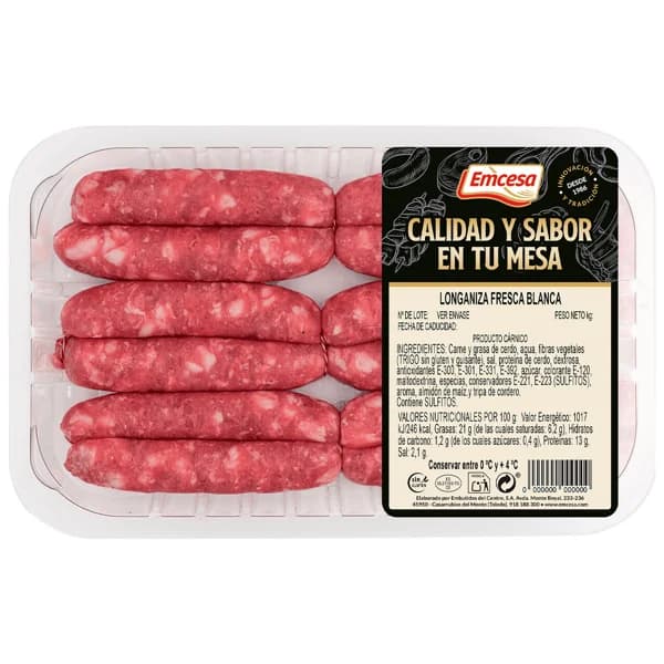 EMCESA Bandeja de longanizas frescas blancas, elaboradas sin gluten - 1 ud - Imagen del producto en Findit